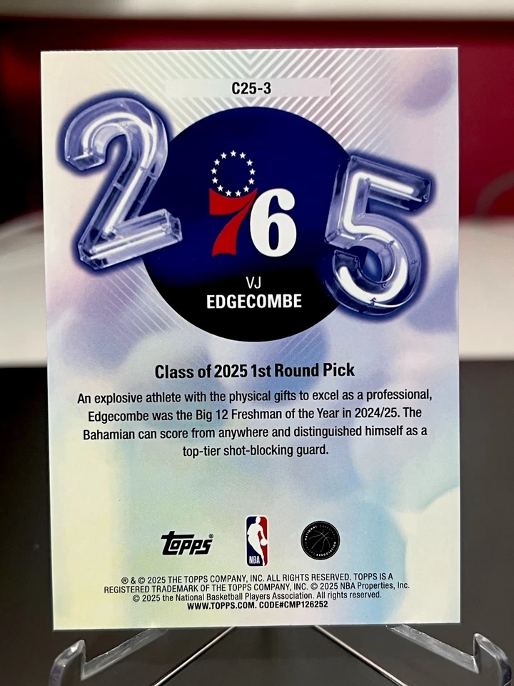VJ EDGECOMBE 2025-26 Topps Basketball CLASS OF 2025 Insert Rookie Card SSP 76ers - Image 2 of 2