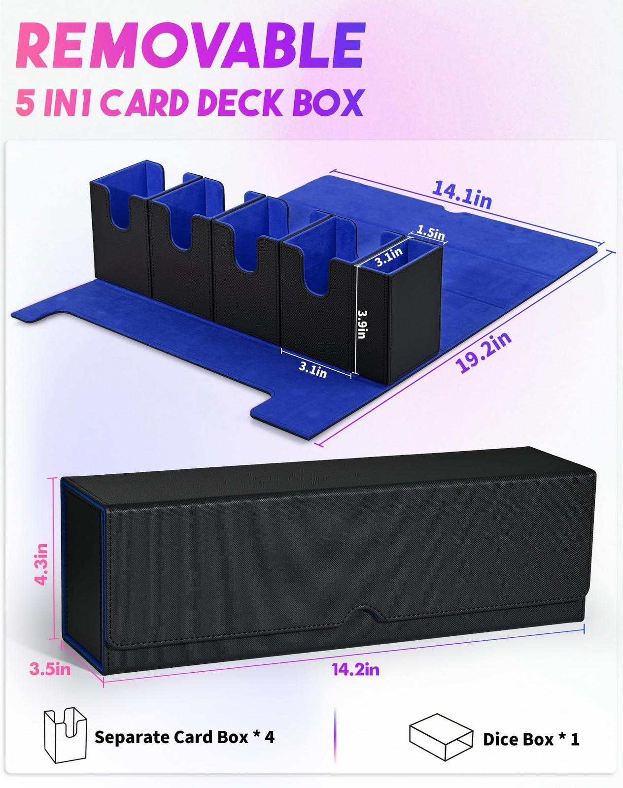 Modern Black&Blue Card Deck Box with Dice Tray for MTG, Yugioh, Sports Cards,...