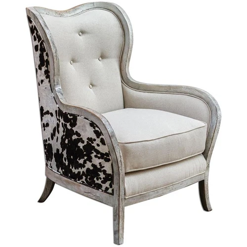Uttermost Chalina Mahogany Wood and Fabric High Back Armchair in White - Picture 1 of 6