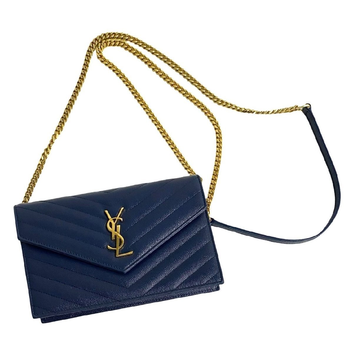 Yves Saint Laurent Busta Portafoglio Catena Borsa Pelle Navy YSL Usatotico