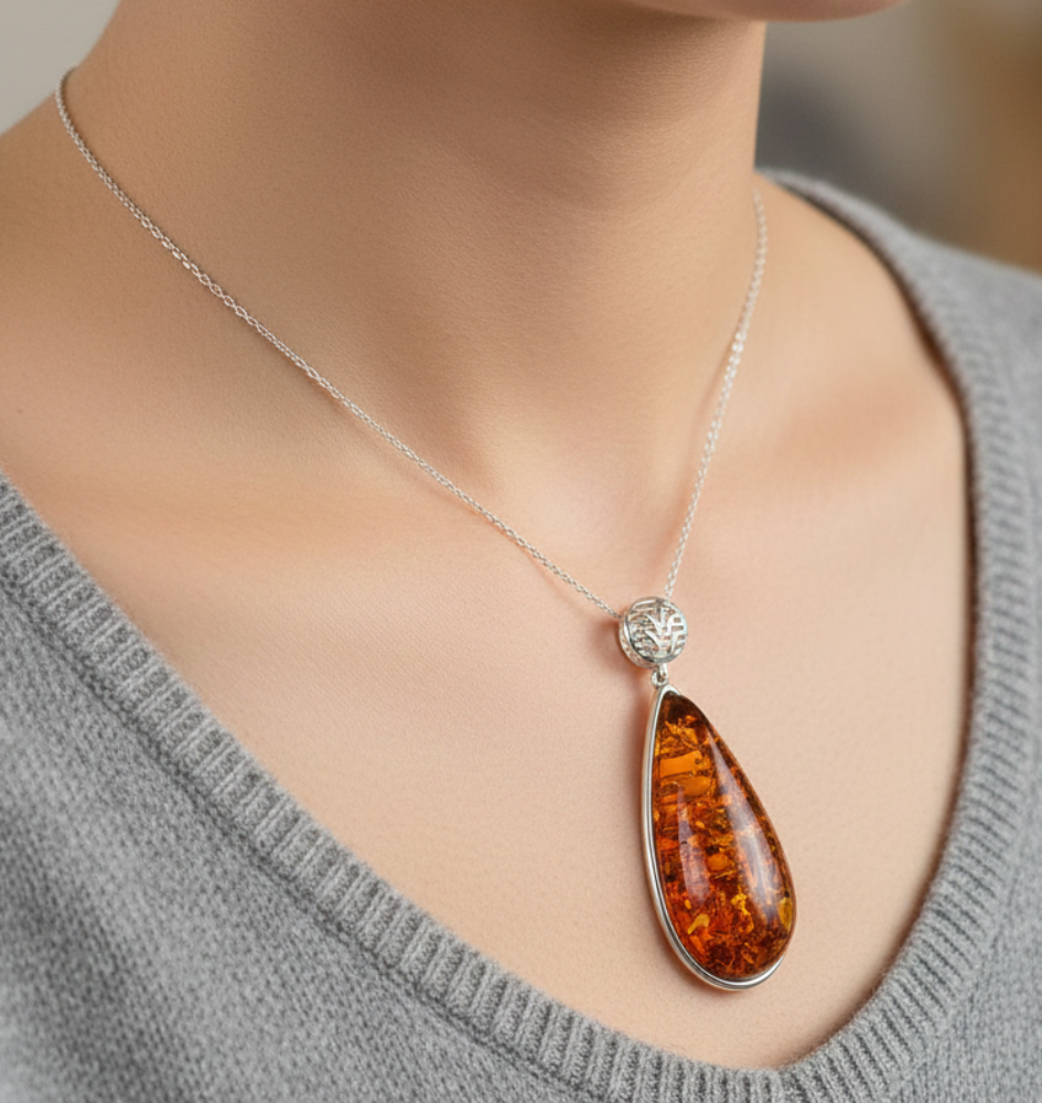 925 Solid Sterling Silver Natural Baltic Amber Chain Pendant-20.4 Inches