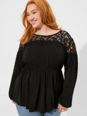 Torrid Studio Crepe Crew Neck Lace Yoke Babydoll Top Black 5 5X 28 Dressy Party
