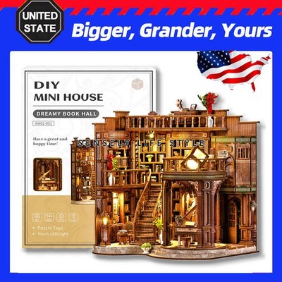 US Bigger, Grander, 3D Wooden Book Hall with LED Light Book Nook Kit for Adults