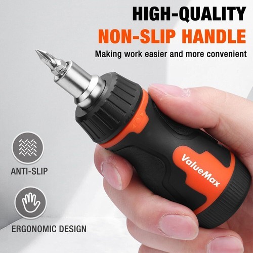 ValueMax 8-in-1 Multibit Stubby Ratcheting Screwdriver Phillips Slotted Torx Bit