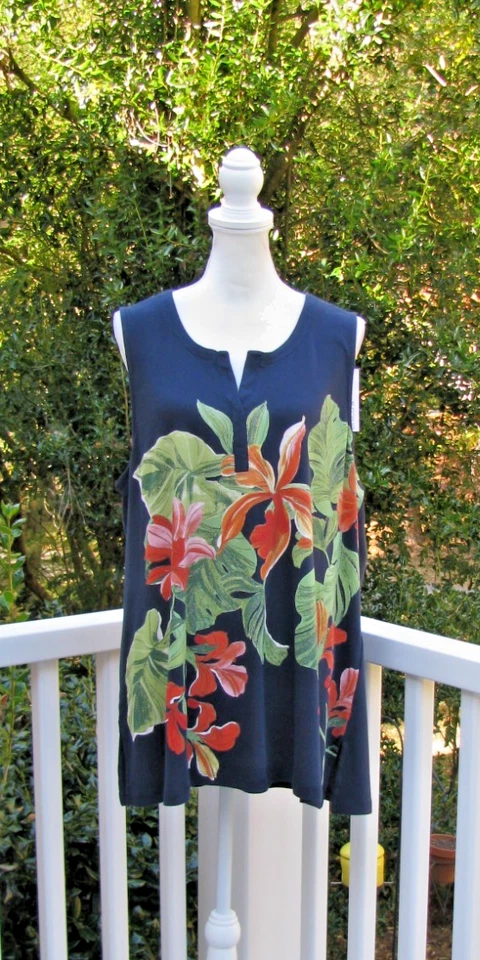 NUEVO CON ETIQUETAS Chico's Orchid 4 Muescas Cuello Camiseta sin mangas XXL Pima Algodón Azul Marino Floral R Foto 3 de 4