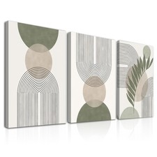 3Pcs Framed Boho Abstract Wall Art Decor Sage Green and Beige Prints,