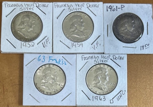 [Lot of 5] FRANKLIN HALF DOLLARS .50  90% Silver $2.50 Face Value