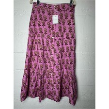 Livro Cotton Market Skirt Pink Floral Button Front Maxi Large Boho Made in India