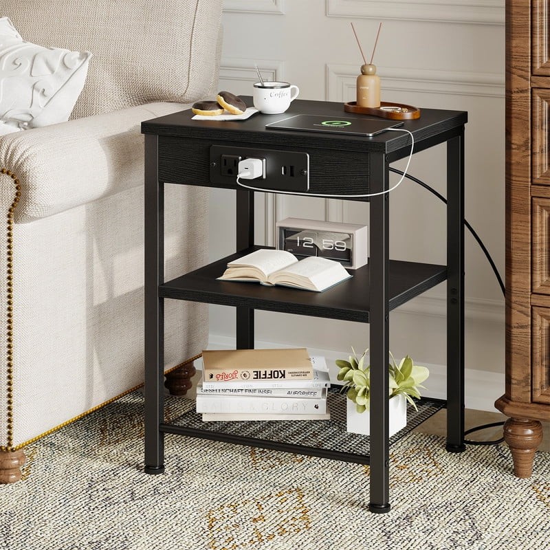 Gianna Small Side Table – 15.7", Charging Station, 3-Tier, Black