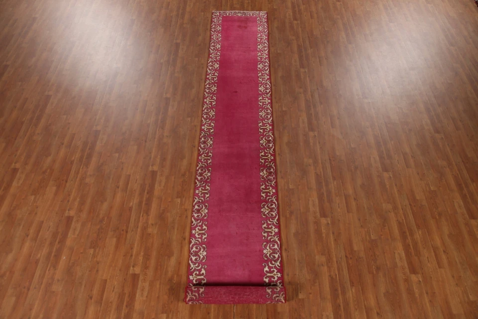 Vintage Pink Tebriz Bordered Handmade Runner Rug 2' 6" x 15' 3" Hallway Carpet - Image 2 of 4