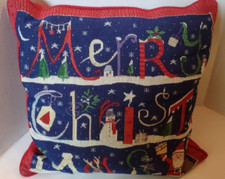 Vtg Merry Christmas Throw Pillow Decorative Tapestry Snowman, Santa, Deer