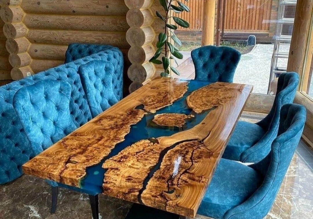 3x6 Inch Blue Epoxy River Wood Dining Table for Home Decor  -image