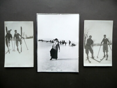 3 Original Photographs Winter Sports Ski Ice Skating Early '900
