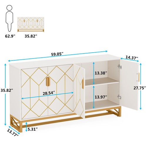 59" Long White Sideboard Buffet Large Storage Cabinet for Kitchen Dining Room - Picture 6 of 11