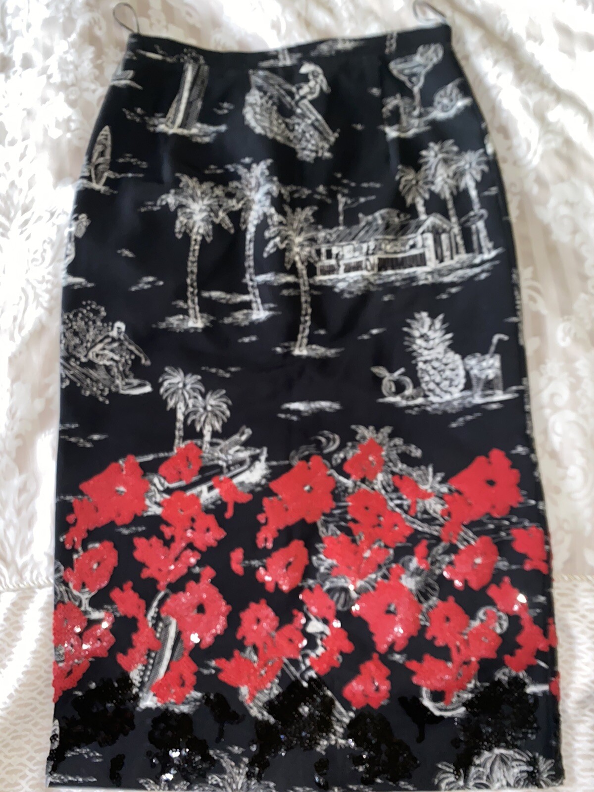 💯 RRP:£490 No 21 TROPICAL PRINT WITH RED SEQUINS MIDI PENCIL SKIRT SIZE12 NEW