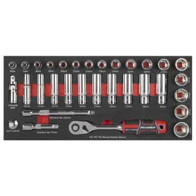 Sealey TBT41 Socket Set 3/8''D Ratchet Sockets Ext Bars In EVA Foam Tray FD25