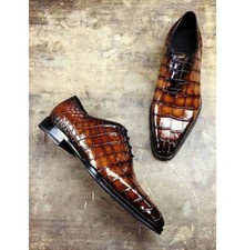 Handmade New Mens Brown Crocodile Texture Leather Formal Oxford Dress Shoes