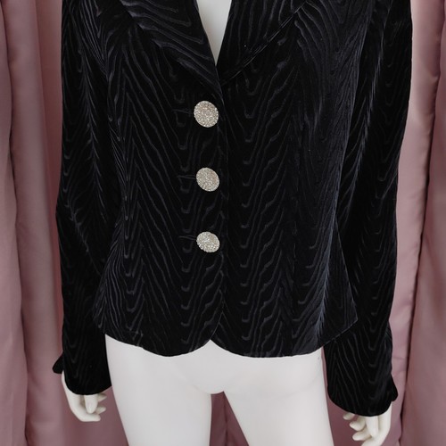 '90s Y2K Mercedes Women's Black Velvet Rhinestone Long Sleeve Blazer Jacket 10 - Picture 4 of 9