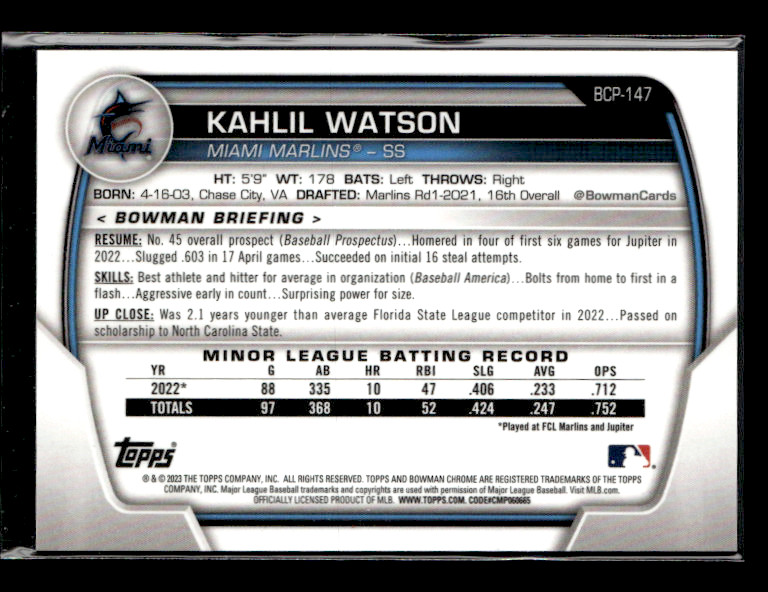 2023 Bowman #BCP-147 Kahlil Watson Chrome Lava Refractor /399