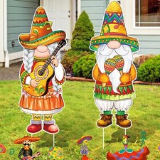 2 Pcs Cinco De Mayo Yard Decor Mexican Gnome Sign with Stakes 32 x 10 Inch...