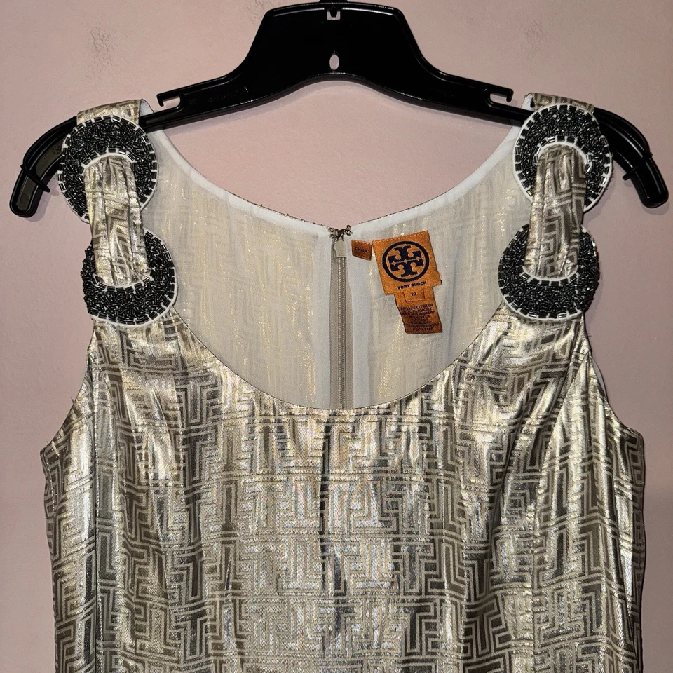 Vestido Tory Burch Dorado Metálico Seda Sin Mangas Cuentas Talla 10 Foto 4 de 4