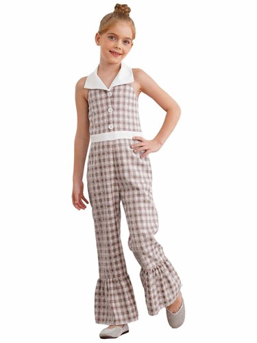 Kids Girls Rompers Backless Bodysuit Cosplay Overalls Plaid Jumpsuit Casual 70s - Picture 44 of 65
