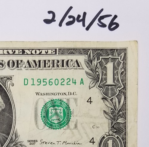 Birthday Anniversary February 24, 1956 $1 US Dollar Bill Fancy Serial One 2017 D - Picture 2 of 5