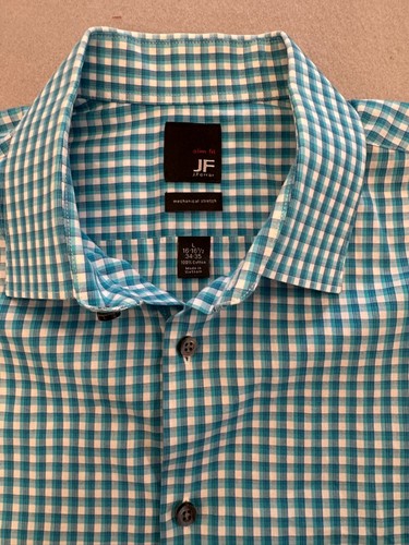 J.Ferrar Dress Button Up Shirt Mens Large Bright Blue Plaid 16.5" Collared - Picture 2 of 5