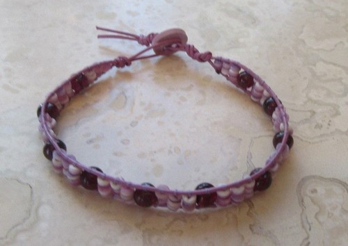 Garnet Bracelet, Natural Garnet w Purple Seashell Heishi on Lavender Leather - Picture 5 of 6