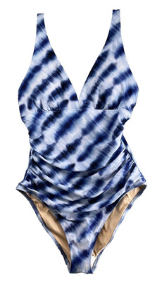 Amazon Essentials Womens Swimsuit 6 Blue Tie Dye 1 Piece Ruched Swim Suit UPF50+