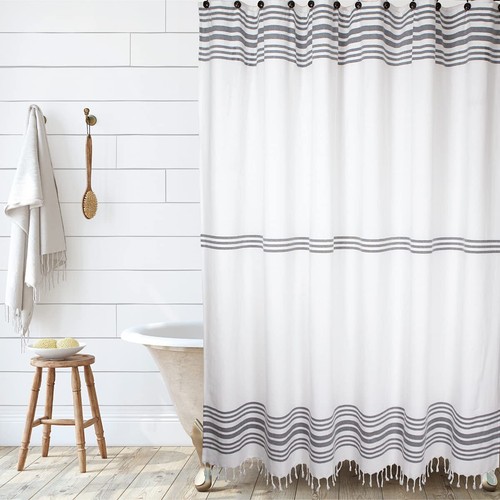 Modern Farmhouse Tassel Shower Curtain Cotton Strip Fabric ShowerCurtain 72"x72"