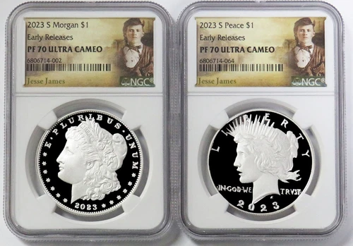 2023 S PROOF SILVER MORGAN PEACE DOLLAR NGC PF 70 UC EARLY RELEASES JESSE JAMES