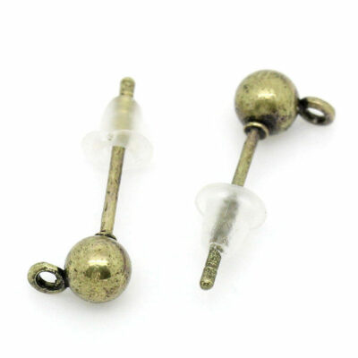 100 pcs. (50 pairs) Antique Bronze Earring Ball Posts Settings with Loop   16mm 
