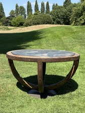 Rustic Round Wooden Coffee Table with Slate Top – Industrial Style Unique Design