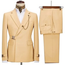 Mens 2Pcs Suit Metal Buckle Belted Wedding Groom Prom Business Suit Blazer Pants
