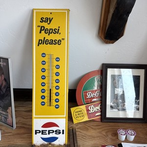 Vintage "Say Pepsi Please" 28" Tall Wall Thermometer Yellow