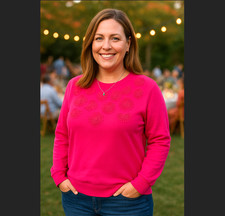 Talbots Floral Sweatshirt Size XL PETITE Pink 100% Cotton Beaded Daisy Crewneck