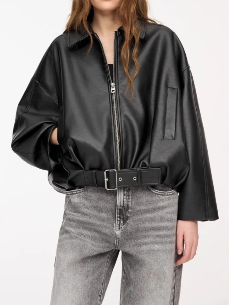 Autumn Winter Casual Street Outwear Women PU Leather Jacket Turn-Down Collar