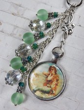 Mermaid Purse Charm Bag Clip Frosted Green Silver Glass Crystal Handmade New