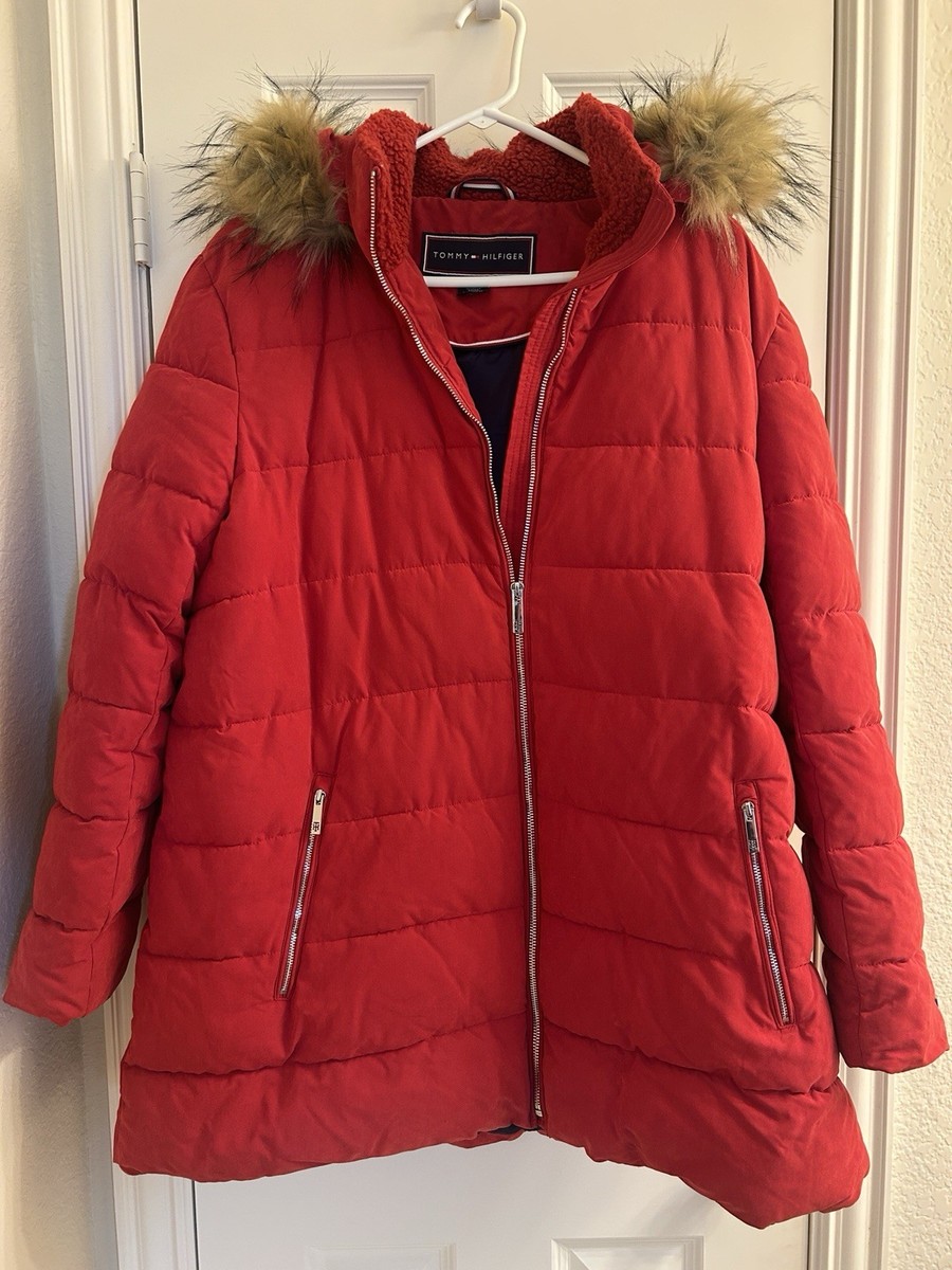 tommy hilfiger jacket red down jacket with fur hood