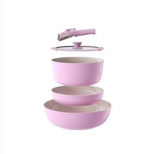 OUBRL Pots and Pans Set Non Stick, Ceramic Cookware 5 Piece, Pink- 