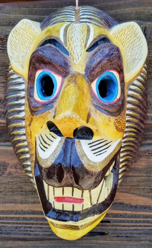 Maschera tigre leopardo arte popolare messicana vintage legno dipinto 9" intagliato a mano Guerrero - Foto 4 di 12