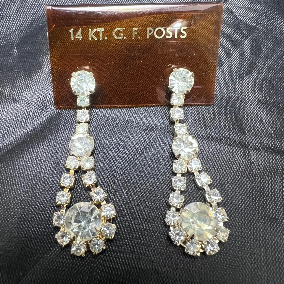 Винтажные висячие серьги со стразами 14 карат GF Posts 1,75 дюйма капля свадебный выпускной гламур - Изображение 2 из 4