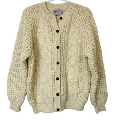 Standun Pure Irish Wool Fisherman Sweater Women's Size Large Cream Cable Knit