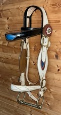 Vintage White Leather Heavy Horse Shire Show Bridle - Red & Blue Leather Details