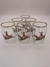 Vintage Shot Glass Tumbler Set Horse And Rider Gold Rim Cocktail Bar Retro 1960s
