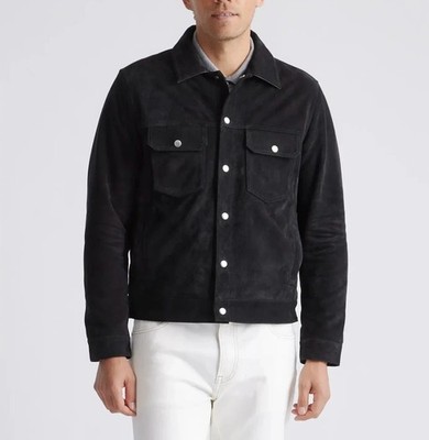 Black Trucker Real Suede Leather Jacket For Men