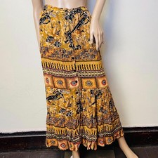 Vintage Folk Art Crinkle Rayon Indian 90s Golden Yellow Abstract Maxi Skirt