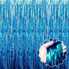 Lake Blue Foil Fringe Curtains 3 Pack 3.28x9.8 Ft Metallic Tinsel Backdrop