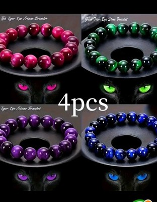 4 Tigerauge Armband Set Böhmische Kristall Perlen Blau Grün Rot Lila